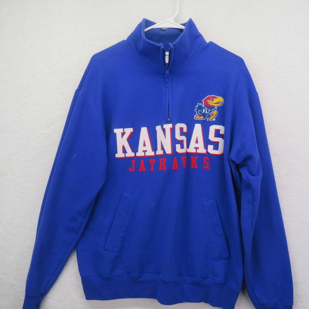 Champion Kansas Jayhawks Quarter Zip Sweatshirt Mens Large Blue NCAA Pullover‎